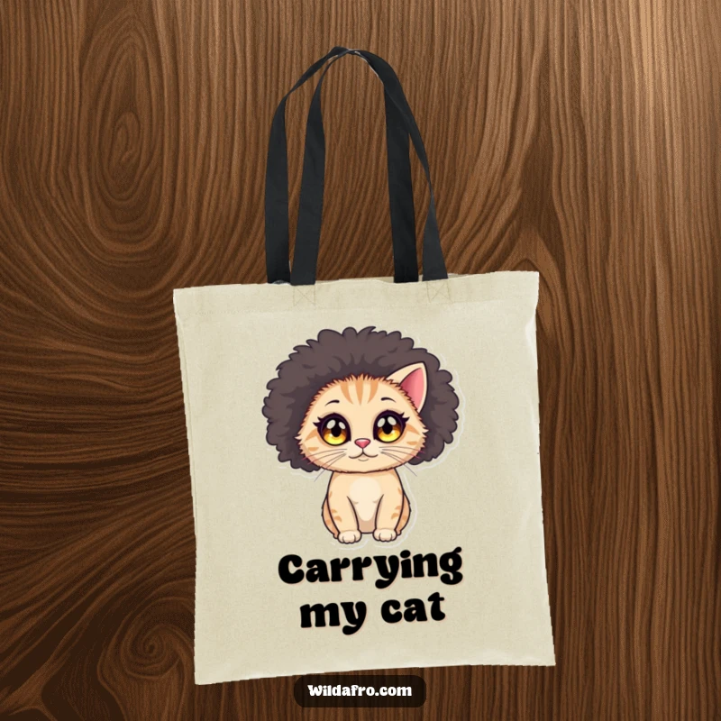 Funny cat afro tote bag featuring a round cat with big, sparkling eyes, sporting a large, voluminous afro wig.