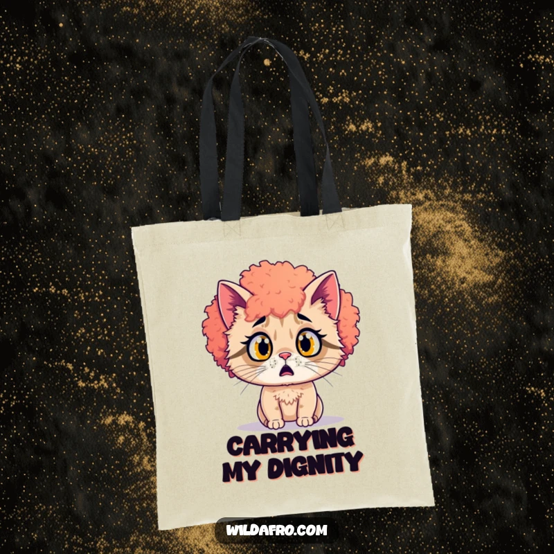 Funny surprised cat with a vibrant afro on a tote bag. A bold and funny gift.
