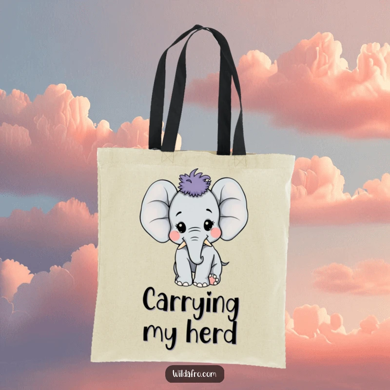 Funny happy elephant calf with a large afro on a tote bag, exuding pure joy and enthusiasm, a charming funny gift.