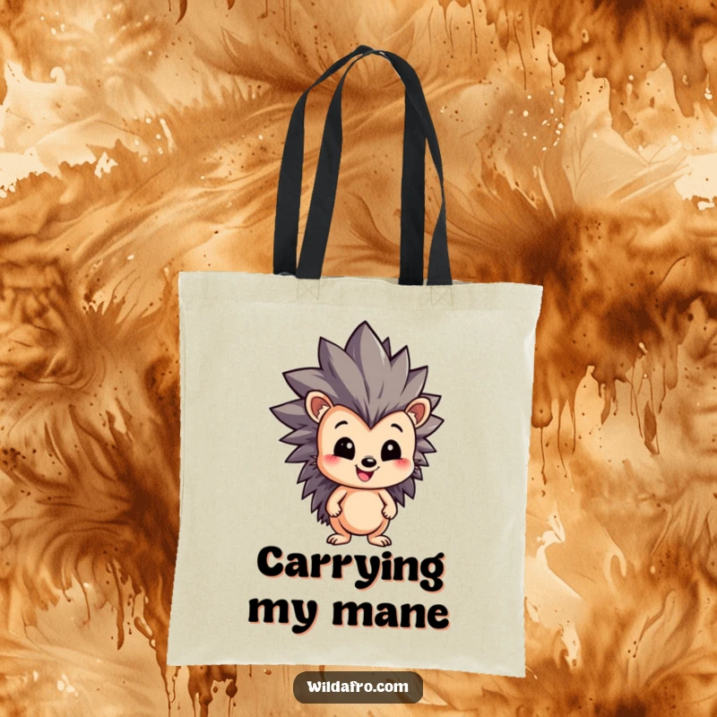 Funny Hedgehog Tote Bag illustrated with a happy character sporting a magnificent, dynamic, spiky afro, perfect for stylish and practical use.