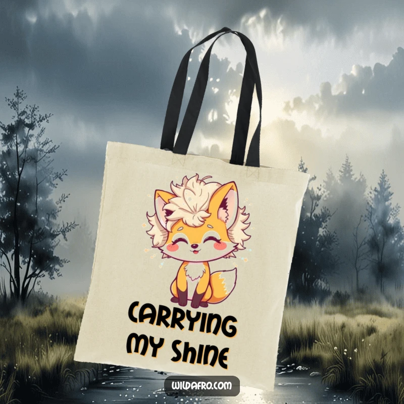 Funny Tote Bag showcasing a cheerful fox character with a giant afro that sheds shimmering glitter, perfect for adding sparkle to daily use.