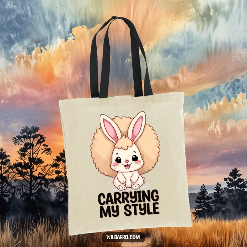 Funny Afro Bunny Tote Bag showcasing a cute bunny with a large afro and a broad smile, perfect for stylish everyday use.