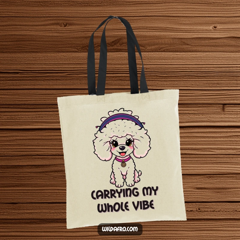 Funny poodle tote bag with a happy dog character sporting a large, fashionable afro wig, perfect for shopping.