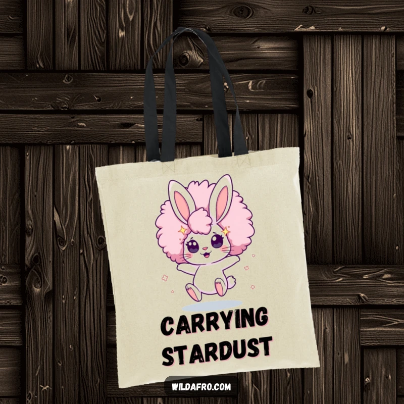 Funny Tote Bag with a cute, bouncing bunny character sporting a giant afro and wide, star-filled eyes, great for everyday magic.