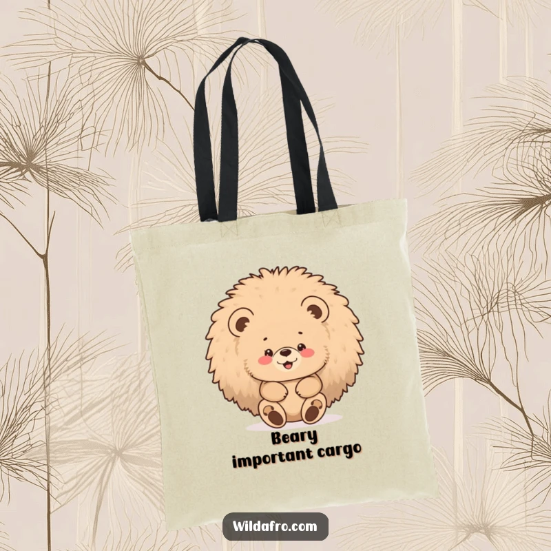 Funny bear afro tote bag depicting a chubby bear cub gleefully hiding inside a large, fluffy afro.