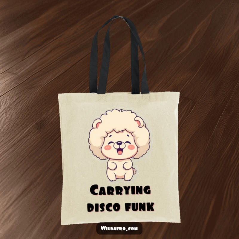 Funny bear with a fluffy afro giggling on a tote bag. A funky and funny gift.