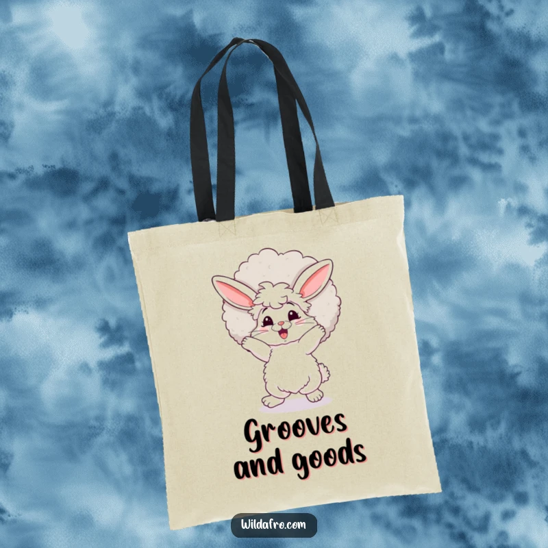 Funny bunny tote bag, fluffy with a giant afro, dancing with pure delight, perfect for carrying daily items in style. A wonderful funny gift.