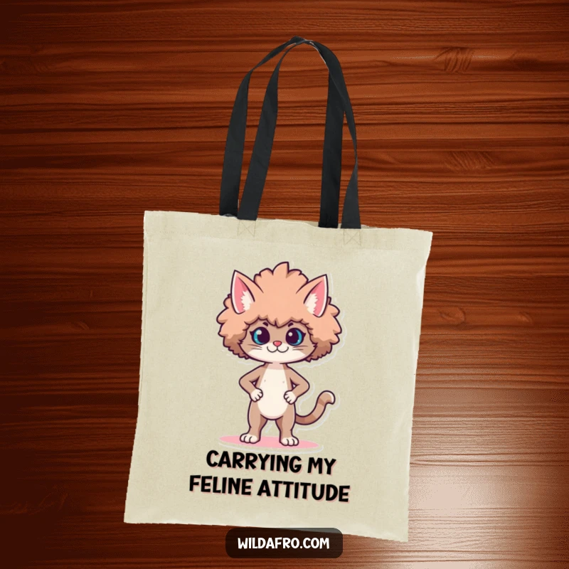 Funny tote bag featuring a proud cat character strutting with a voluminous, stylized afro. Perfect funny gift.