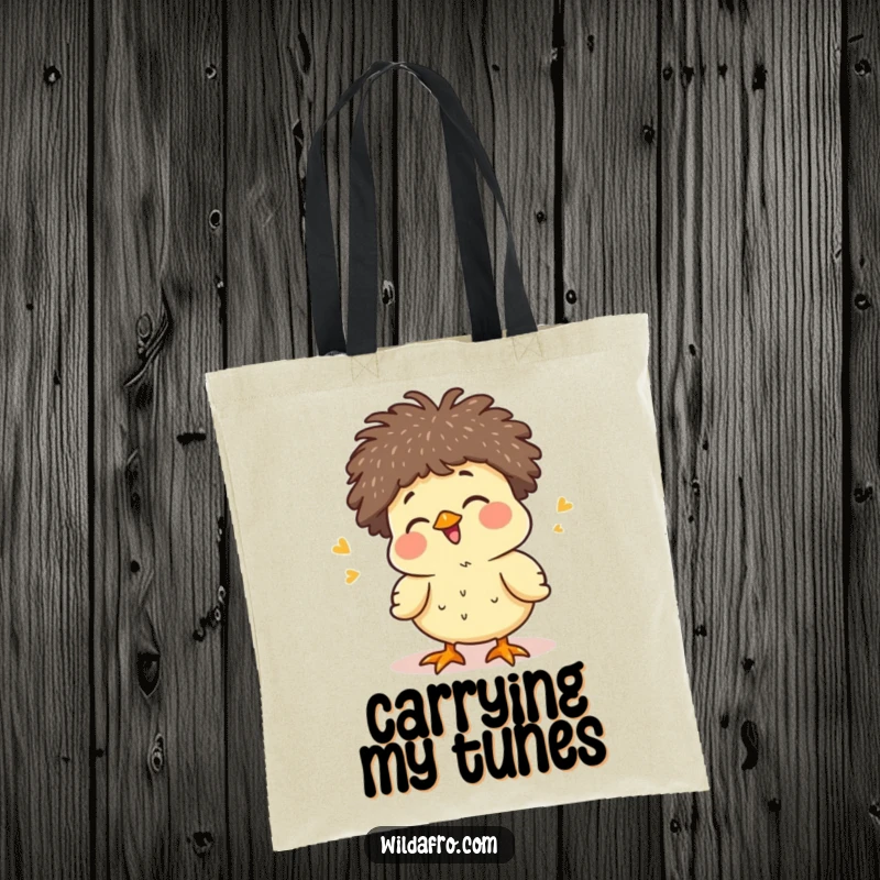 Funny giggling chick with a tiny afro on a tote bag, exuding pure joy and cuteness, a charming funny gift.
