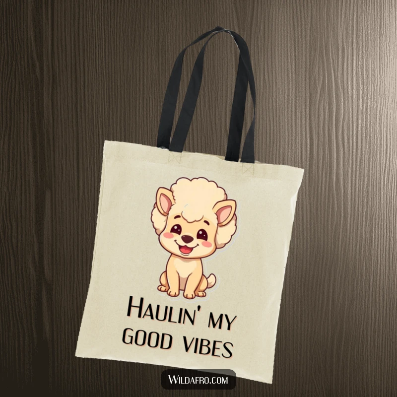 Funny dog tote bag featuring a joyful character with a voluminous, bouncy afro head. A practical and amusing accessory for dog fans.