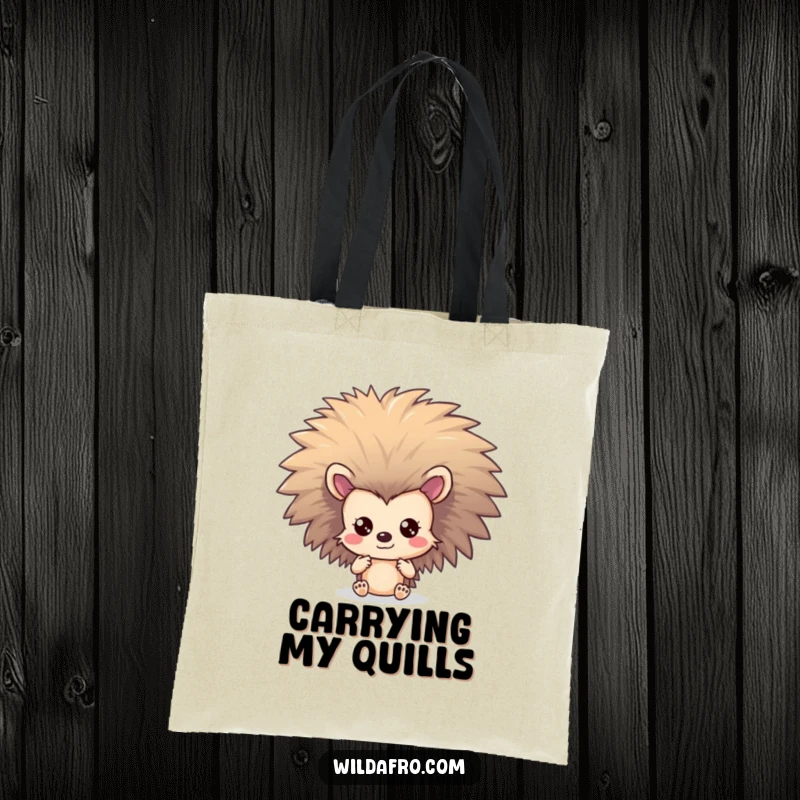 Funny Hedgehog Afro Tote Bag: A shy hedgehog character peeks from behind a spectacular, large afro.