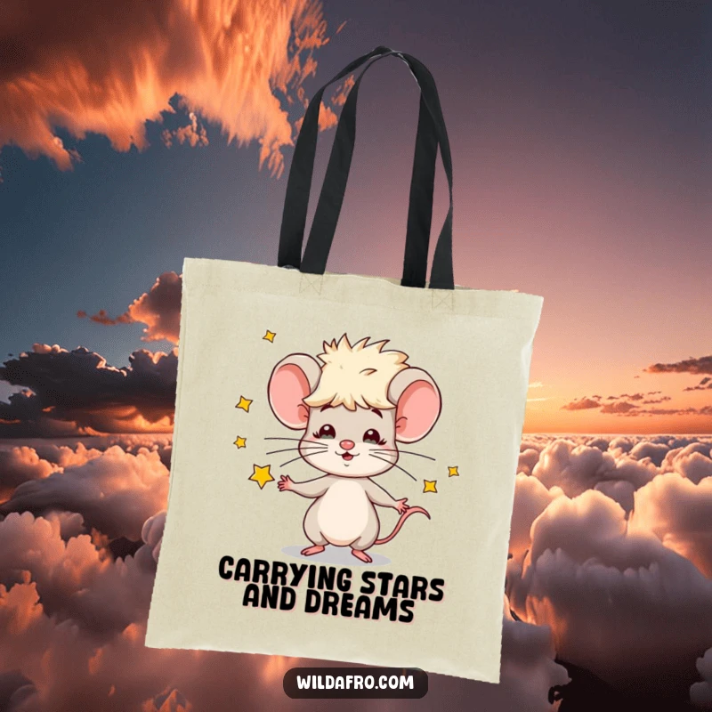 Funny tote bag featuring a cool mouse with an afro, enthusiastically juggling miniature stars, a stylish and humorous accessory.