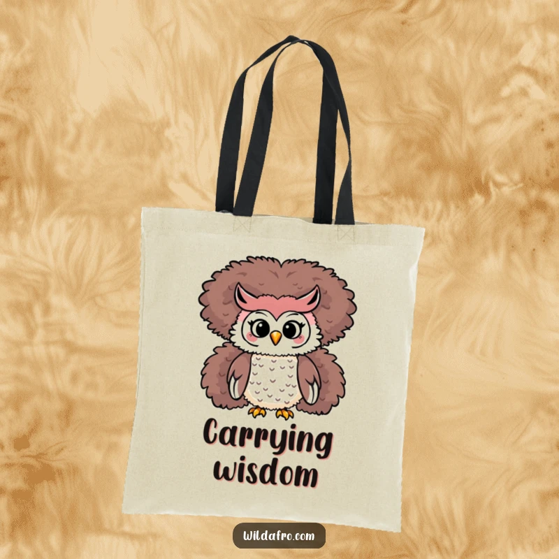 Funny Owl Afro Tote Bag: A playful owl curiously peeks out from atop a magnificent, fluffy afro.
