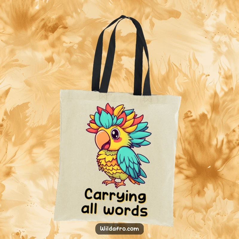 Funny parrot tote bag, a proud parrot with a vibrant afro squawking colorfully, bringing tropical cheer.
