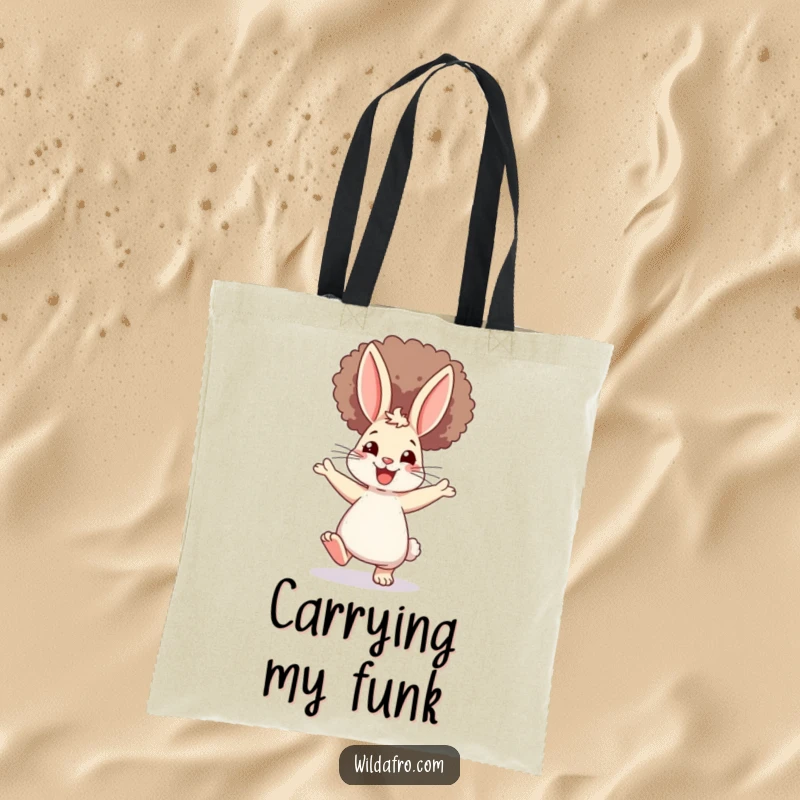 Funny Rabbit Afro Tote Bag: A happy bunny with a massive afro, dancing energetically, perfect for shopping and showcasing a joyful, humorous design.