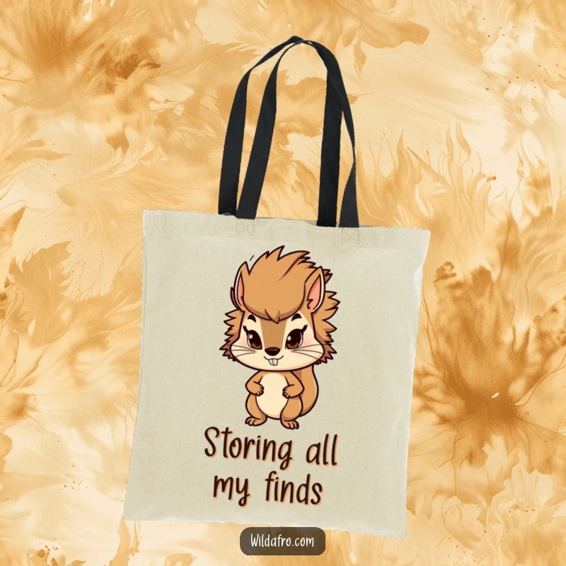 Funny squirrel tote bag with a determined character sporting a stylish, bushy afro. A practical and amusing accessory for everyday use.