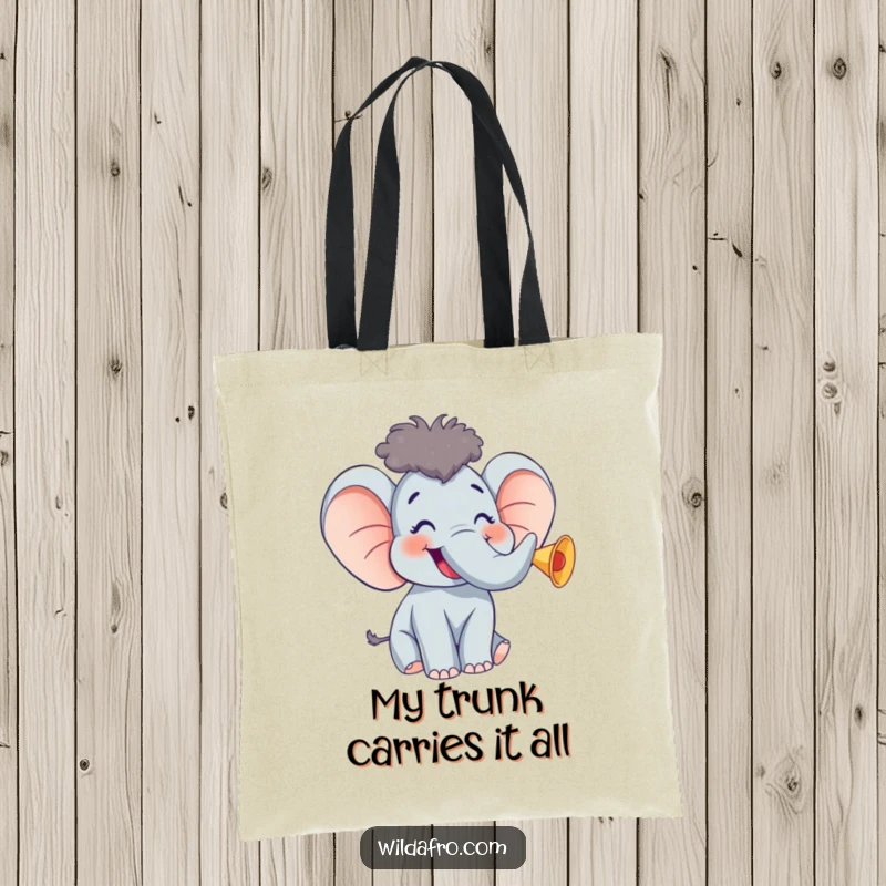 Funny Elephant Tote Bag w/ Afro, Giggling and Trumpeting with Joy, Practical and Humorous Accessory