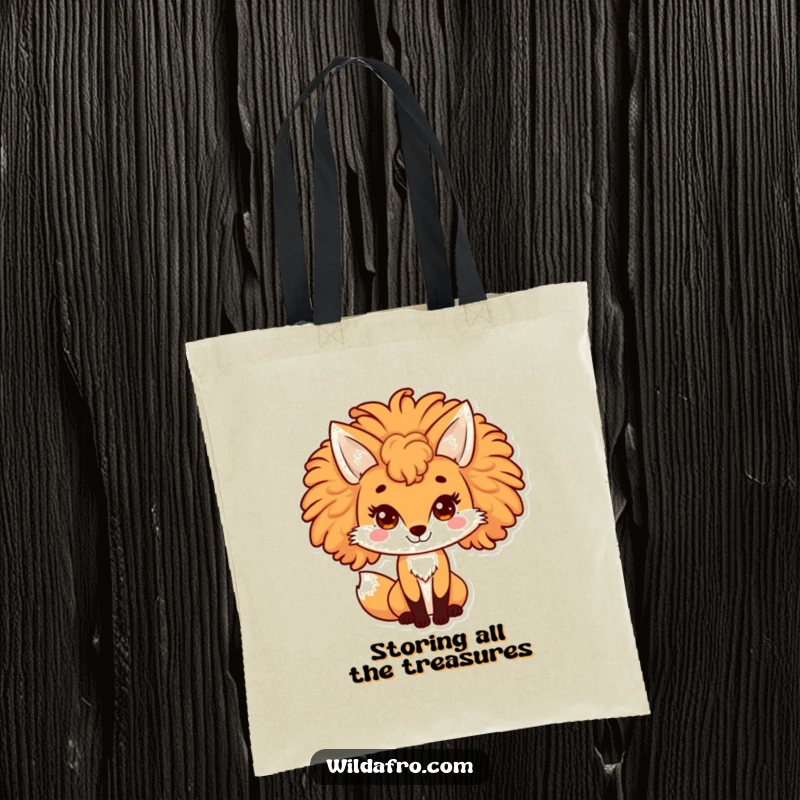 Funny fox tote bag with a playful character boasting a large, curly afro mane. A stylish and amusing accessory for everyday use.
