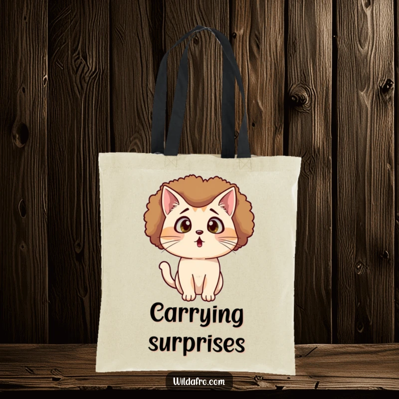 Funny Cat Afro Tote Bag showcasing a surprised cat with an afro wig looking shocked, a humorous and practical accessory.